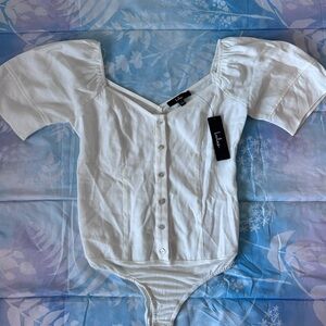 Lulus White Puff Sleeve Bodysuit NWT Button Front Cottagecore Top Size S